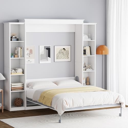 Rophefx Queen Murphy Bed Cabinet with 5-Tier Adjustable Storage Shelves, Queen Wall Bed Cabinet Bed, Wood Space Saving Beds, Foldable Platform Beds