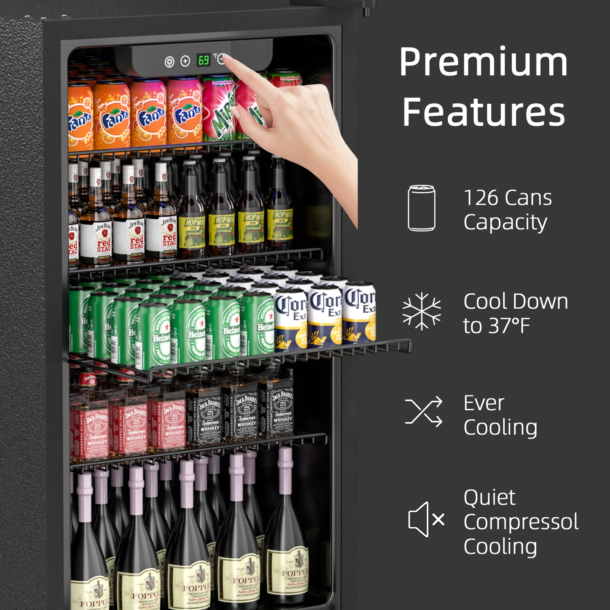 Erivess Compact Freestanding Beverage Refrigerator,126Can/3.2Cubic Feet Fridge with Glass Front Door for Soda, Beer or Wine