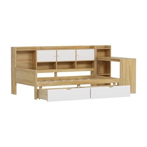 Corner Twin Bed Frame with Bookcase Storage and Desk, Wood Day Beds with 2 Drawers, Twin Size Daybed with Storage for Living Room