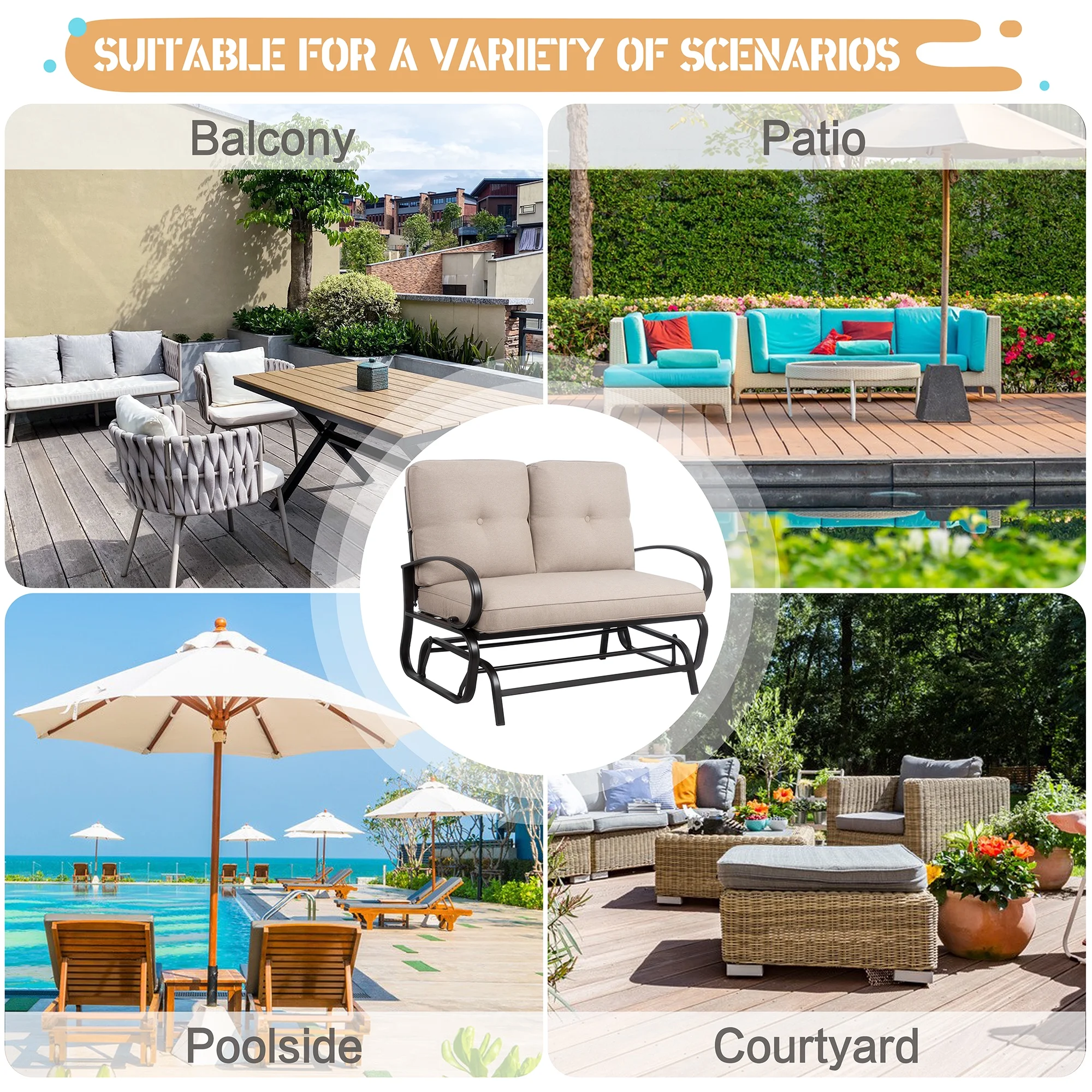 Outdoor Patio Metal Swing Glider Rocking Bench,Garden Loveseat Porch Furniture Glider, Steel Frame Chair Set with Cushion khaki - Radiant Selections