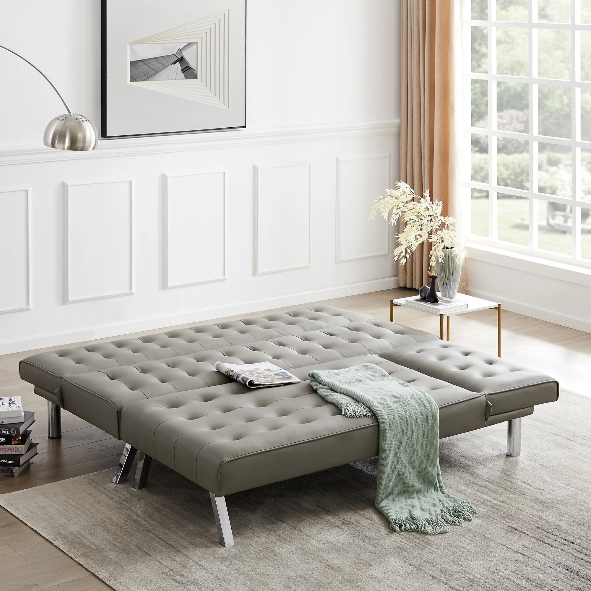 Reversible Sectional Sofa Sleeper Grey Pu With Metal Legs