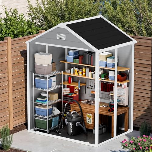 NicBex 6×5 Resin Outdoor Storage Shed with Floor & Window– All-Weather Lockable Small Tool Shed