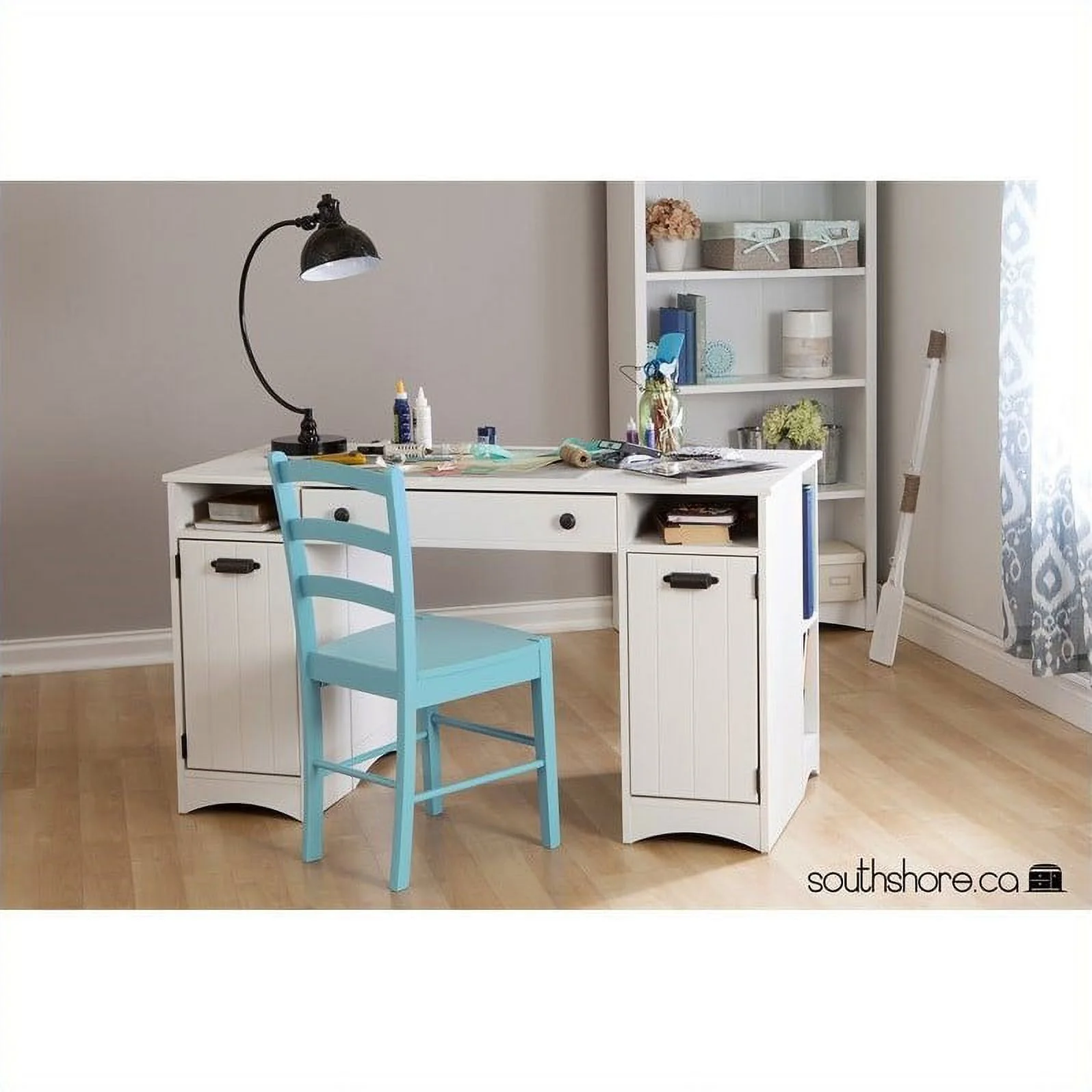 Pemberly Row Traditional Craft Table with Storage in Pure White