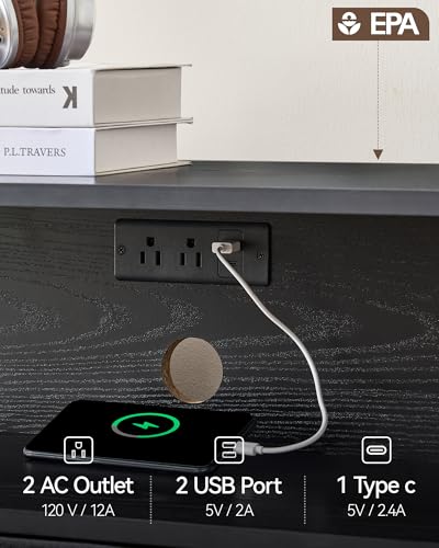 TV Stand Dresser for Bedroom with Charging Station & RGB LED Lights, 47.2" W Black Dresser with 7 Drawers for 55" TV, Chest Dresser for Bedroom