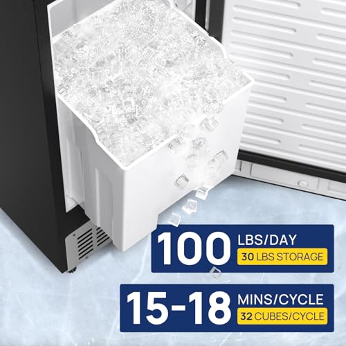 Coolake 15 Inch Commercial Under Counter Ice Maker Machine, 100lbs/Day Stainless Steel Built-in Freestanding Ice Maker with 30lbs Storage Bin