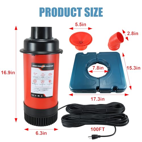 Pond Fountain Aerator, F2-2 1HP 750W 110V Stainless Steel Floating Fountain With 100 Feet Power Cord