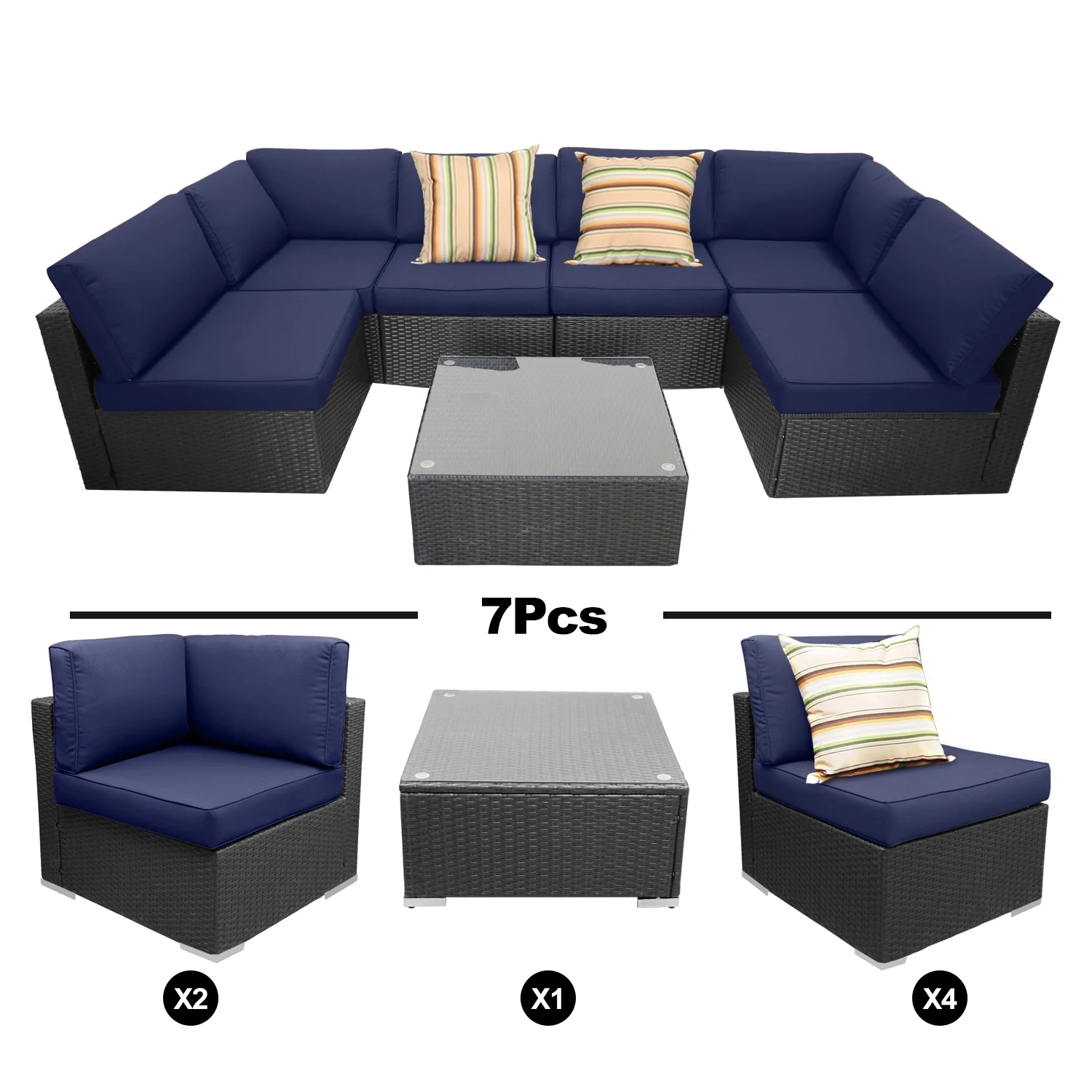 Outdoor Garden Terrace Blue Sofa Set of 7, PE Rattan and Small Yard Recreational Conversation Set with Cushions from EXCITED WORK