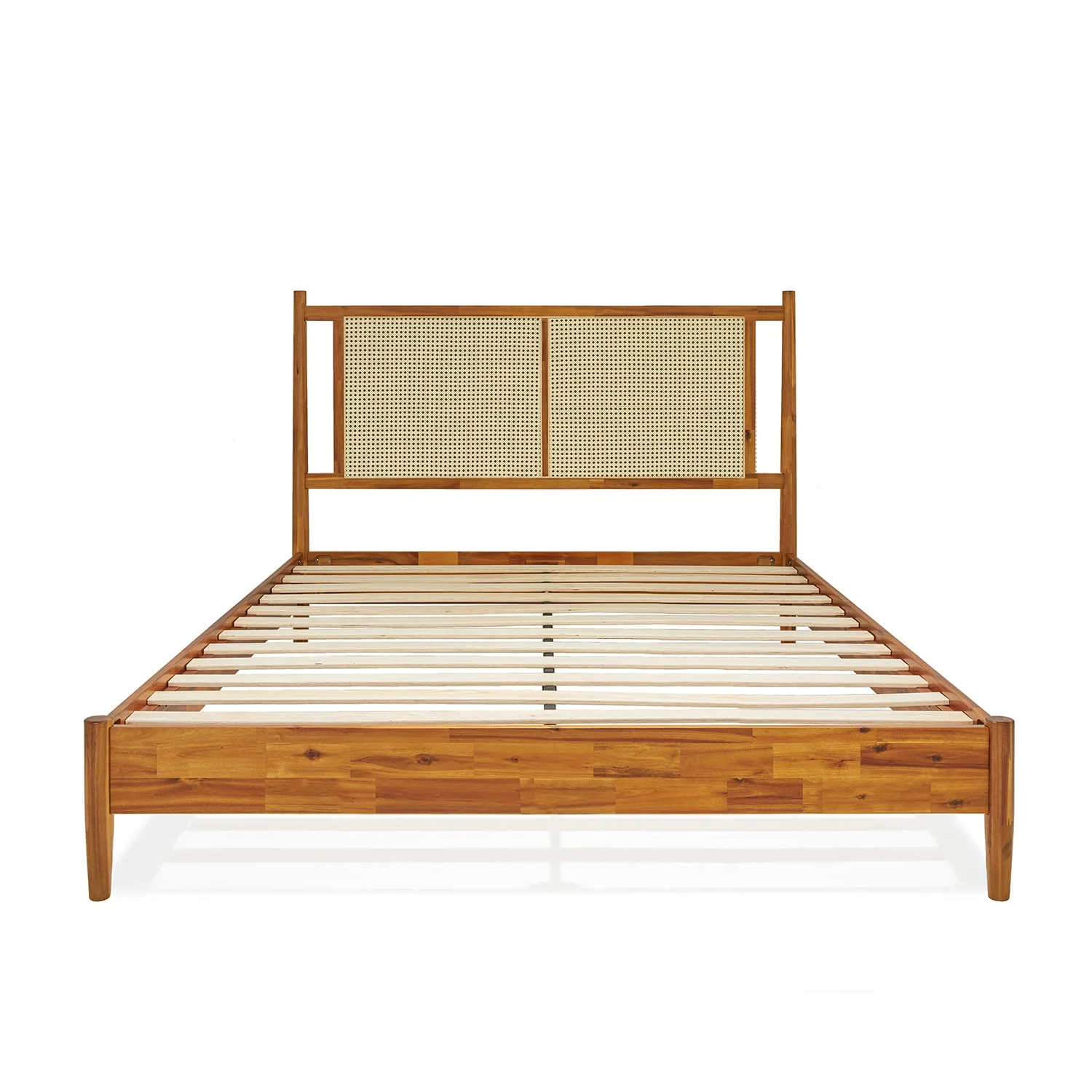 BME Asher 47" Queen Platform Bed Frame, Rattan Headboard, Mid Century and Boho, Solid Wood, Caramel
