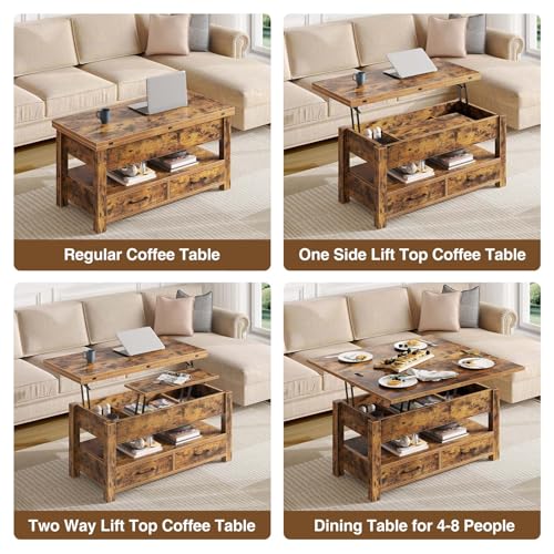 Rolanstar Coffee Table Lift Top, Multi-Function Convertible Coffee Table with Drawers and Hidden Compartment