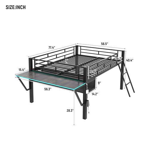 Gaming Bed with Desk,Wardrobe,Ample Storage Space,and RGB LED Light, Full Size Wood Loft Bed for Kids Bedroom (Cloud Blue/K)