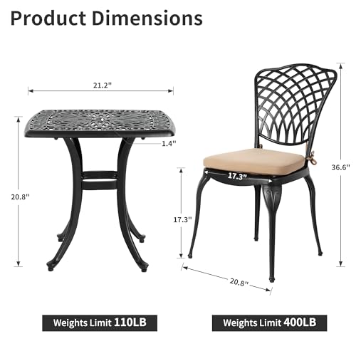 HOMEFUN Bistro Table and Chairs Set of 2 Outdoor 3 Piece Patio Set, Rose Pattern Cast Aluminum Bistro for Garden Balcony