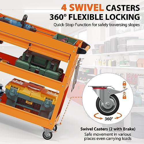 3-Tier Heavy Duty Utility Cart on Wheels, Rolling Tool Cart on Wheels with a Drawer, 350 Lbs Load Capacity Service Cart for Warehous