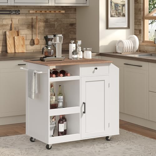 Kitchen Island with Power Outlet, Kitchen Storage Island with Drawer, Rolling Kitchen Cart on Wheels, Spice Rack, Towel Rack, Wine Rack