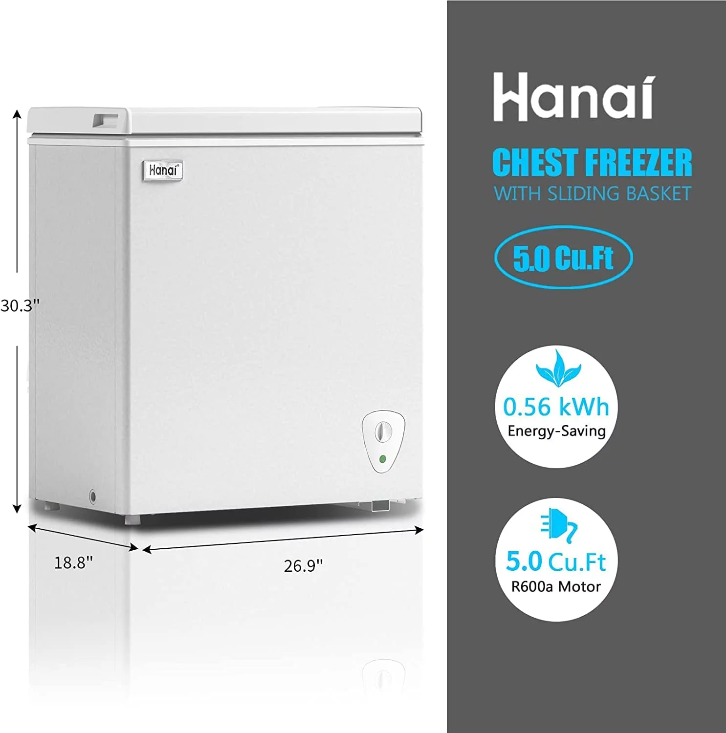 WANAI 5.0 Cubic Chest Freezer, Compact Deep Freezer with Top Open Door and Removable Storage Basket, 7 Gears Temperature Control, Energy Saving