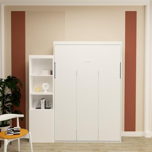 Full Size Vertical Murphy Bed with Shelf and Drawers for Bedroom or Guestroom White Wall Bed Space Saving Hidden Bed Gas Struts (White)