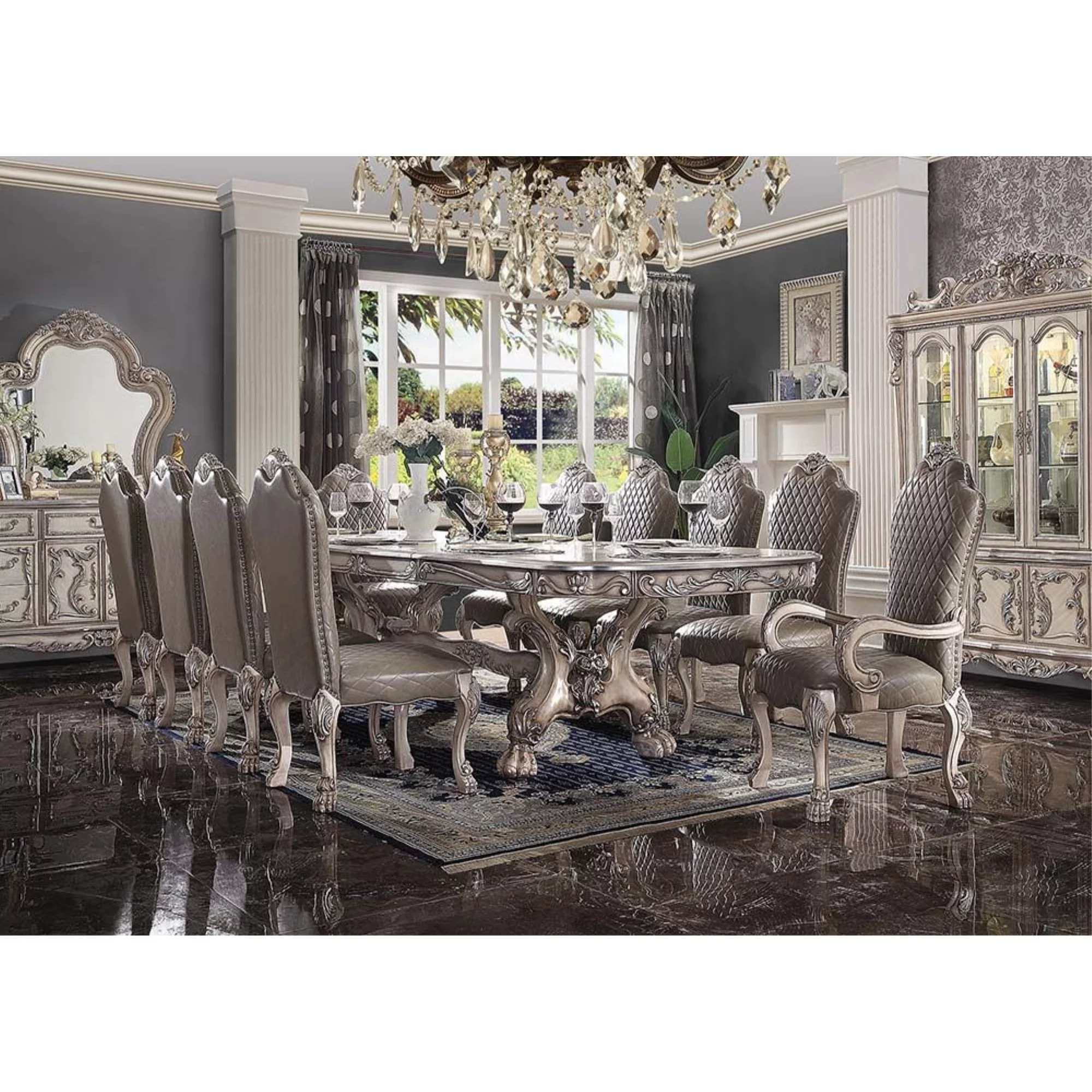 Dresden Wood 108" Dining Table with Removable Leaf in Vintage Bone White