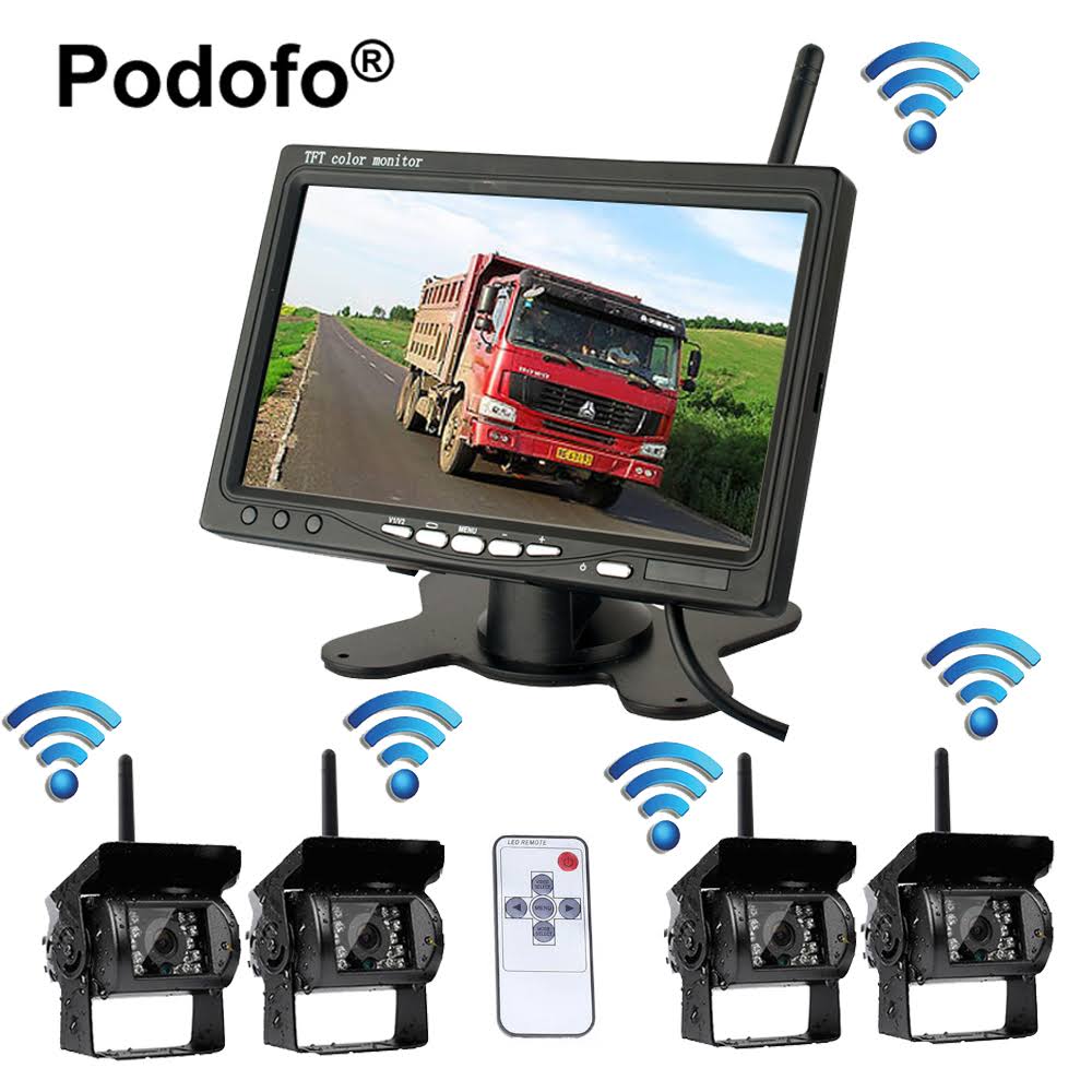 7x22 LCD Color Rear View Monitor with Wireless 4 Backup Cameras IR Night Vision Waterproof for RV Truck Trailer Bus Parking Assi