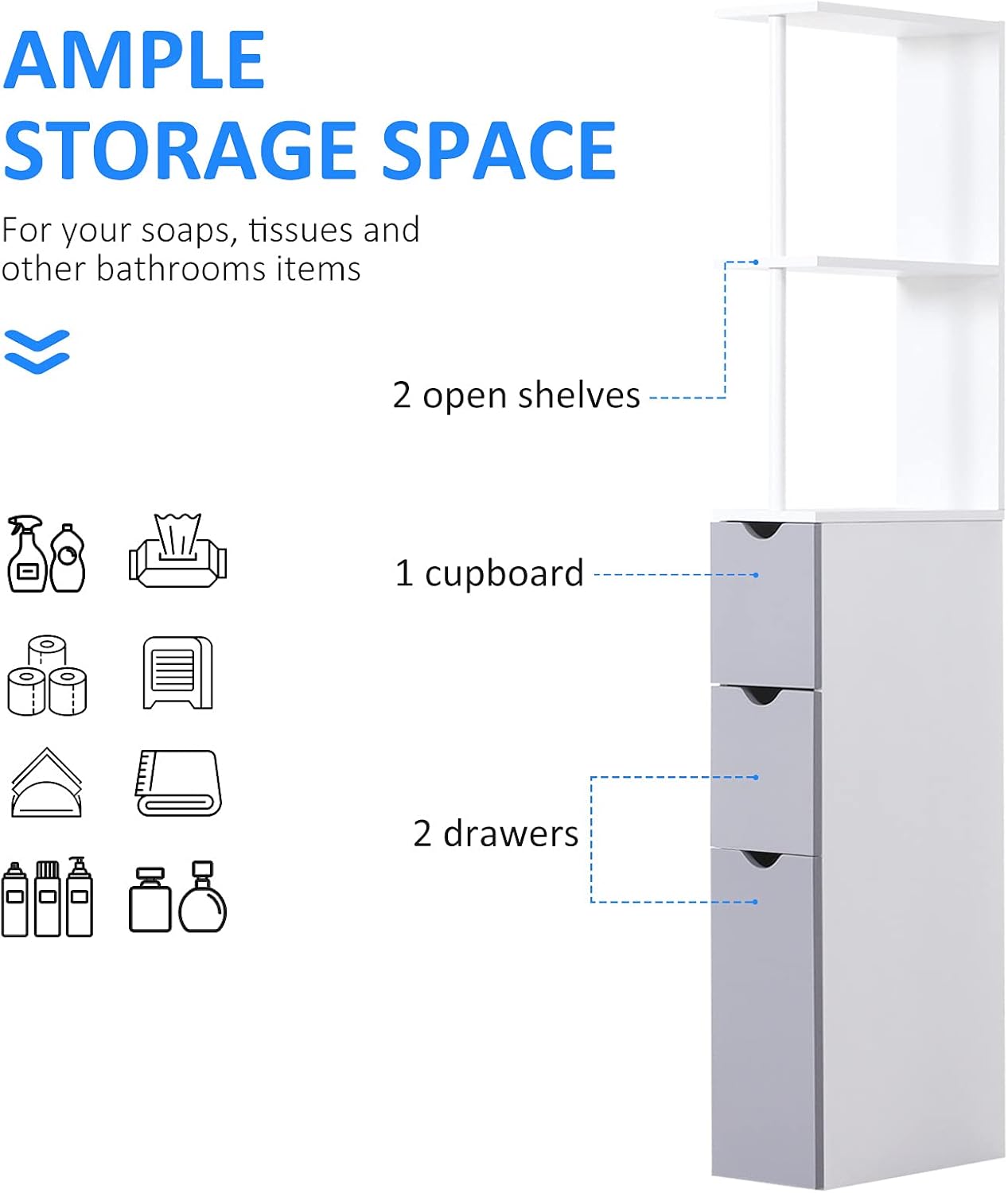 HOMCOM 54 Tall Bathroom Storage Cabinet, Freestanding Linen Tower with 2-Tier Shelf and Drawers, Narrow Side Floor Organizer, Grey and White