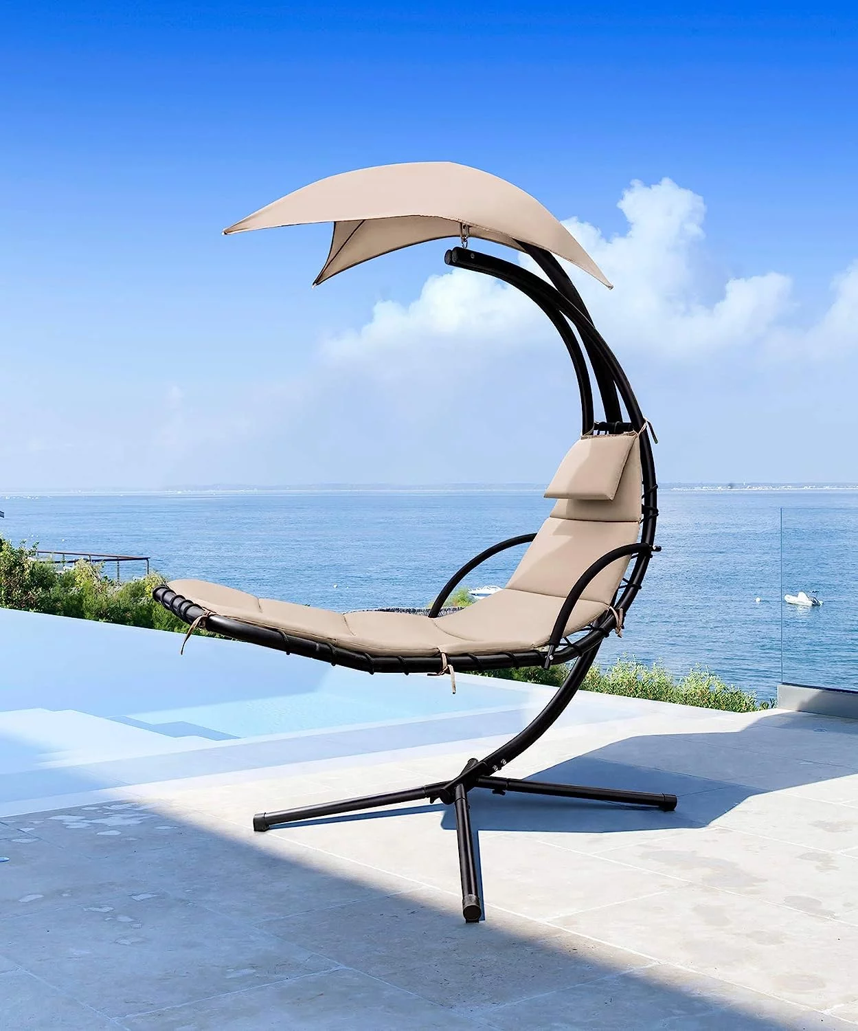 Lacoo Outdoor Hanging Curved Chaise Lounge Chair Patio Swinging Hammock W/ Pillow, Canopy & Stand for Backyard,Metal, Polyester Beige