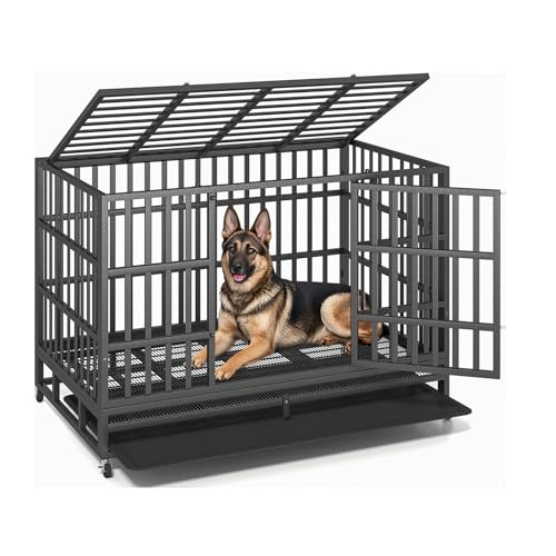 48 Inch Heavy Duty Dog Crate – Indestructible Steel Cage for Large Dogs, Double Door High Anxiety Cage with Removable Tray & Locking Wheels