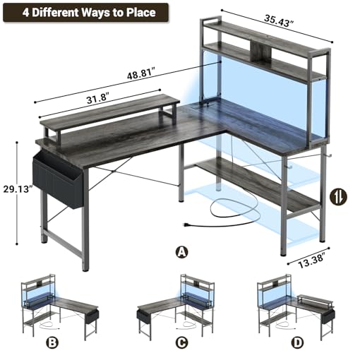 Aheaplus L Shaped Gaming Desk with Power Outlets & LED Lights, Small L- Shaped Desk Computer Corner Desk with Monitor Stand & Storage Shelf