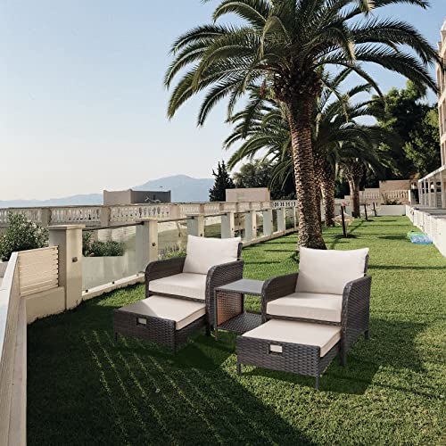 LEVELEVE Balcony Furniture 5 Piece Patio Conversation Set, PE Wicker Rattan Outdoor Lounge Chairs with Soft Cushions 2 Ottoman&Glass Table for Porch