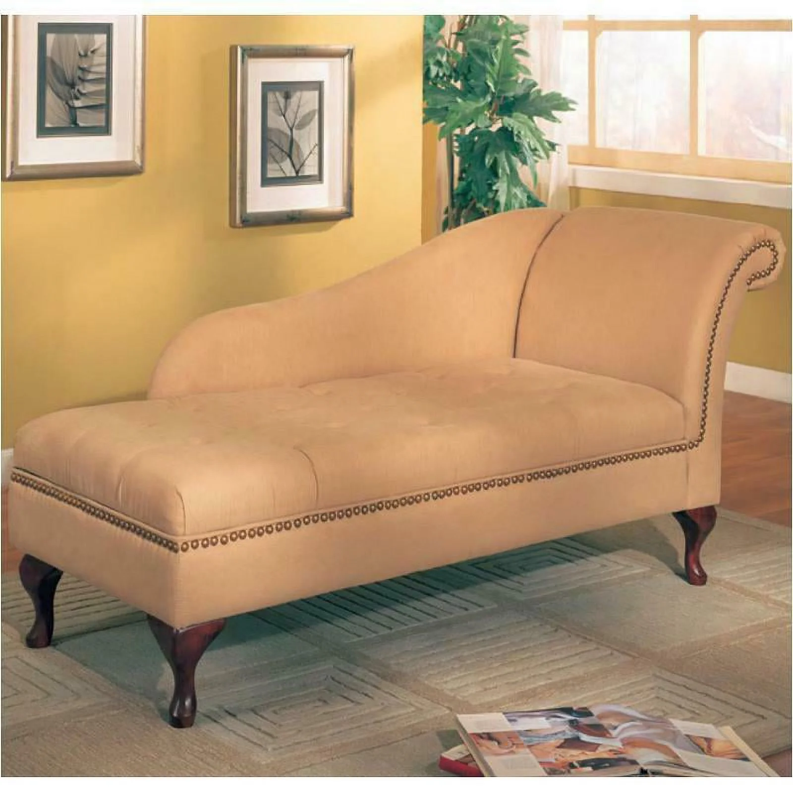 Traditional Tan Microfiber Chaise Lounge Lounger with Flip Open Seat Storage