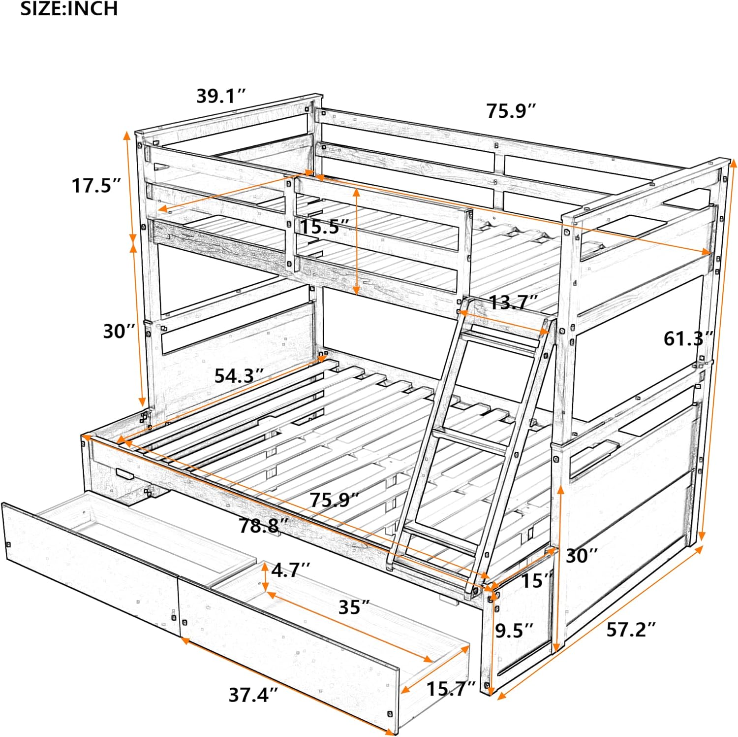 Over Full Bunk Bed With Storage, Wood Bunk Bed Frame With Two Drawer, Safety Guardrail, Ladder, Can Convertible To 2 Separated Beds For Kids, Teens