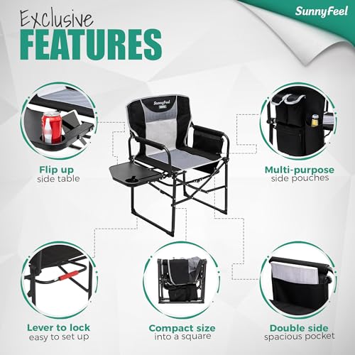 SUNNYFEEL Oversized Camping Directors Chair 2 Pack, Portable Folding Lawn Chairs for Adults Heavy Duty with Side Table,Pocket for Beach, Fishing