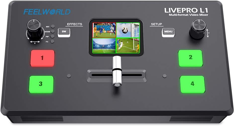 FEELWORLD LIVEPRO L1 V1 Multi Camera Video Mixer Switcher 2 Inch LCD Display 4 x HDMI Inputs USB 3.0 Output Format Real Time Production Live