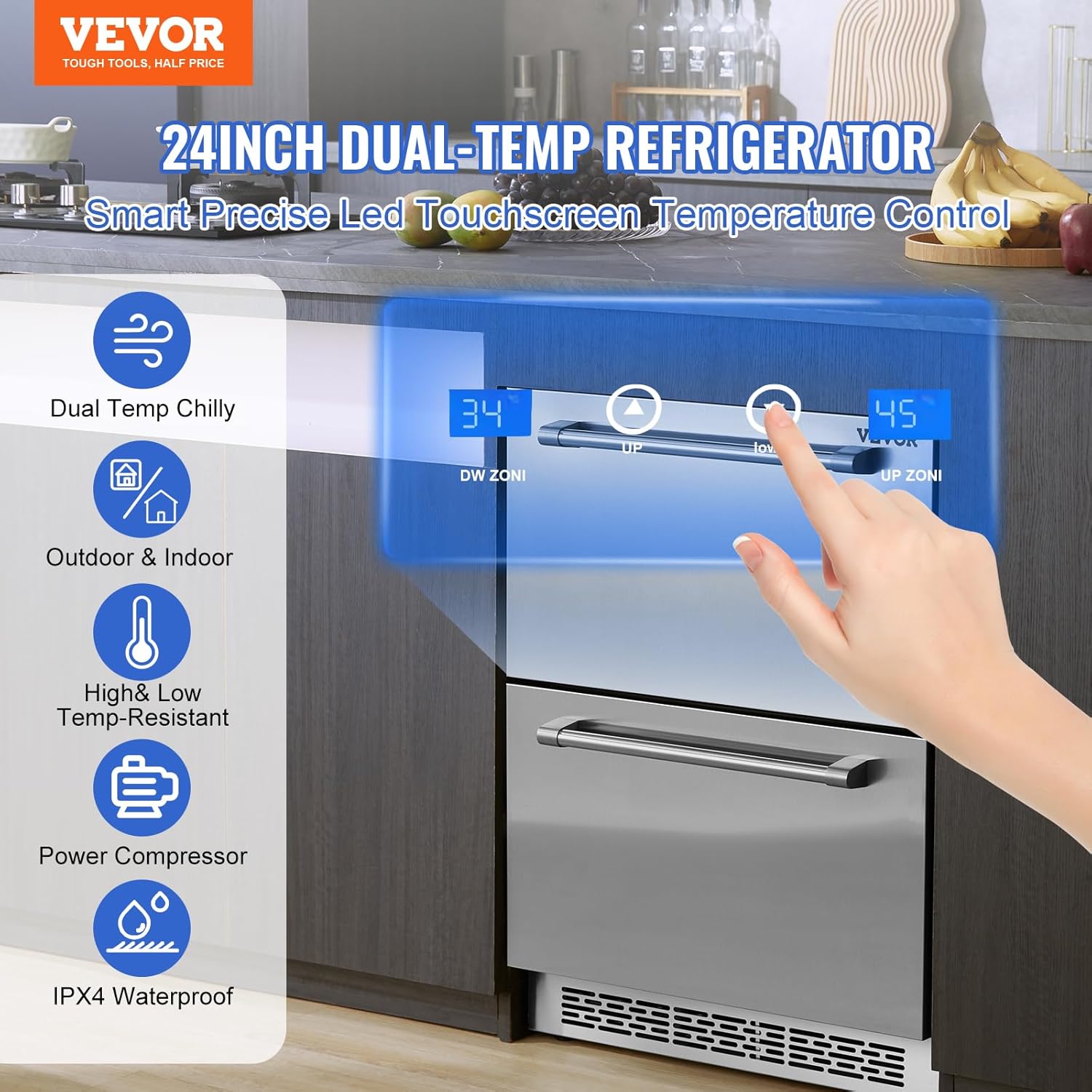 VEVOR 24" Undercounter Refrigerator, 2 Drawer Wine Refrigerator with Different Temperature, 4.87 Cu.ft. Capacity