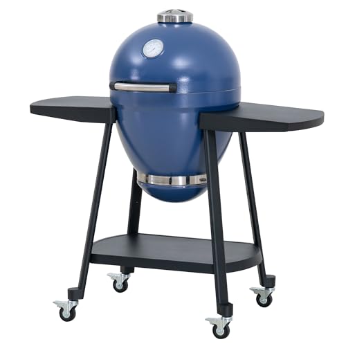 Sunjoy Charcoal Grill 20-Inch Kamado Grill with Pizza Stone, Ultimate Outdoor BBQ Egg Grill and Smoker with Wheels, Navy