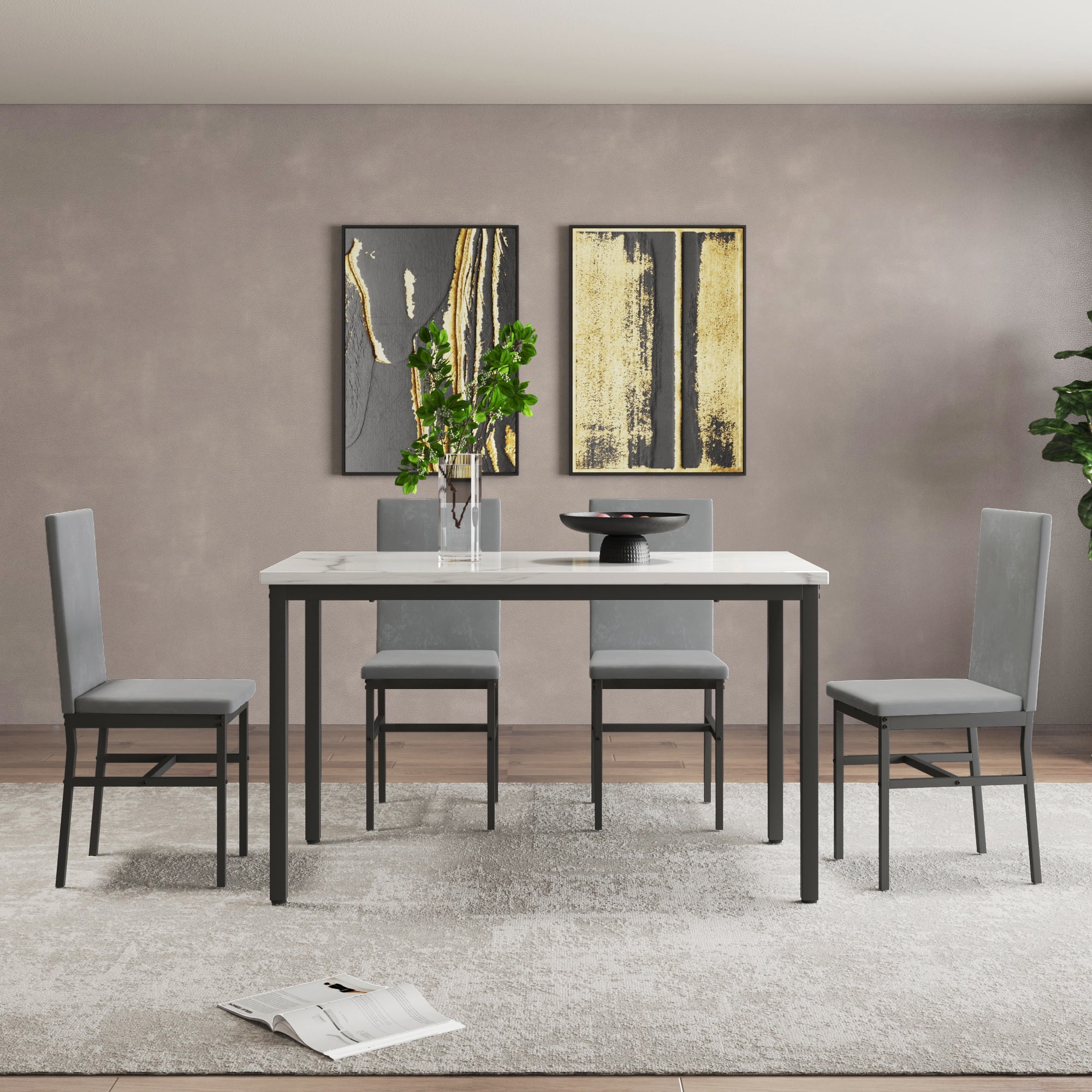 Modern Dining Set for 4, 5-Piece Dining Table and Chairs Set, 1 Table with White Marble Top, 4 Gray Velvet Chairs for Kitchen Dining Room Living Room