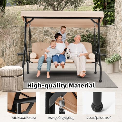 HOMREST 3 Seat Outdoor Porch Swing with Adjustable Canopy, Convertible Patio Swing Bed with Stand, Patio Glider Swing with Upgraded Cup Holder