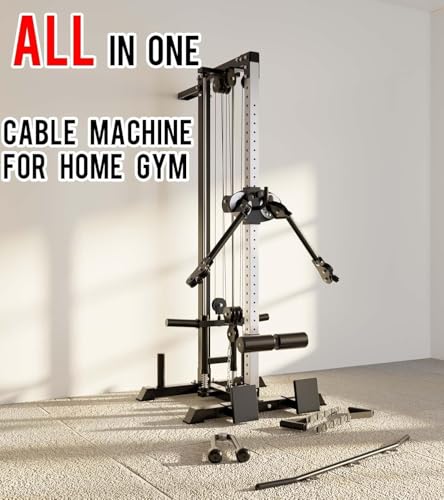 Eonfit Cable Machine for Home Gym, LAT Pulldown Cable Crossover Machine Workout Station Pulley System Tower with Leg Holder, LAT Bar