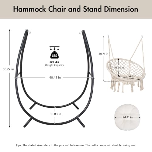ANOW Macrame Hammock Chair with Stand for Outside, Heavy Duty Hanging Chair Stand with Swing Chair, Includes Seat Cushion, Max 400 Lbs, Natural
