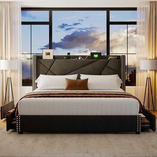 Upholstered Queen Bed Frame with 4 Storage Drawers, Platform Bed Frame with Charging Station, Modern Geometric Wingback Headboard
