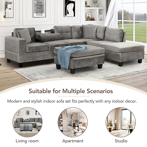 P PURLOVE Sectional Sofa Couch with Reversible Chaise and Ottoman, Polyester L-Shape Couch with 2 Pillows and Cup Holder