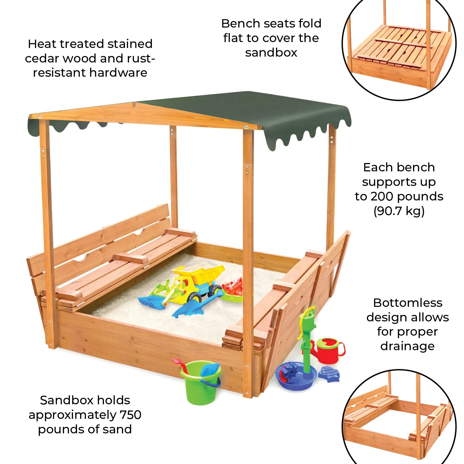 Badger Basket Covered Convertible Cedar Sandbox with Canopy and Two Bench Seats