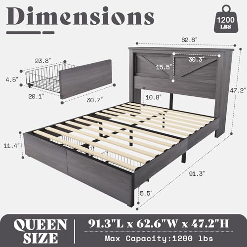 AMERLIFE 47.2" H King Bed Frame with Hidden Space Bookcase Headboard and Charging Station, Beds with 2 Storage Drawers and Wood Slats