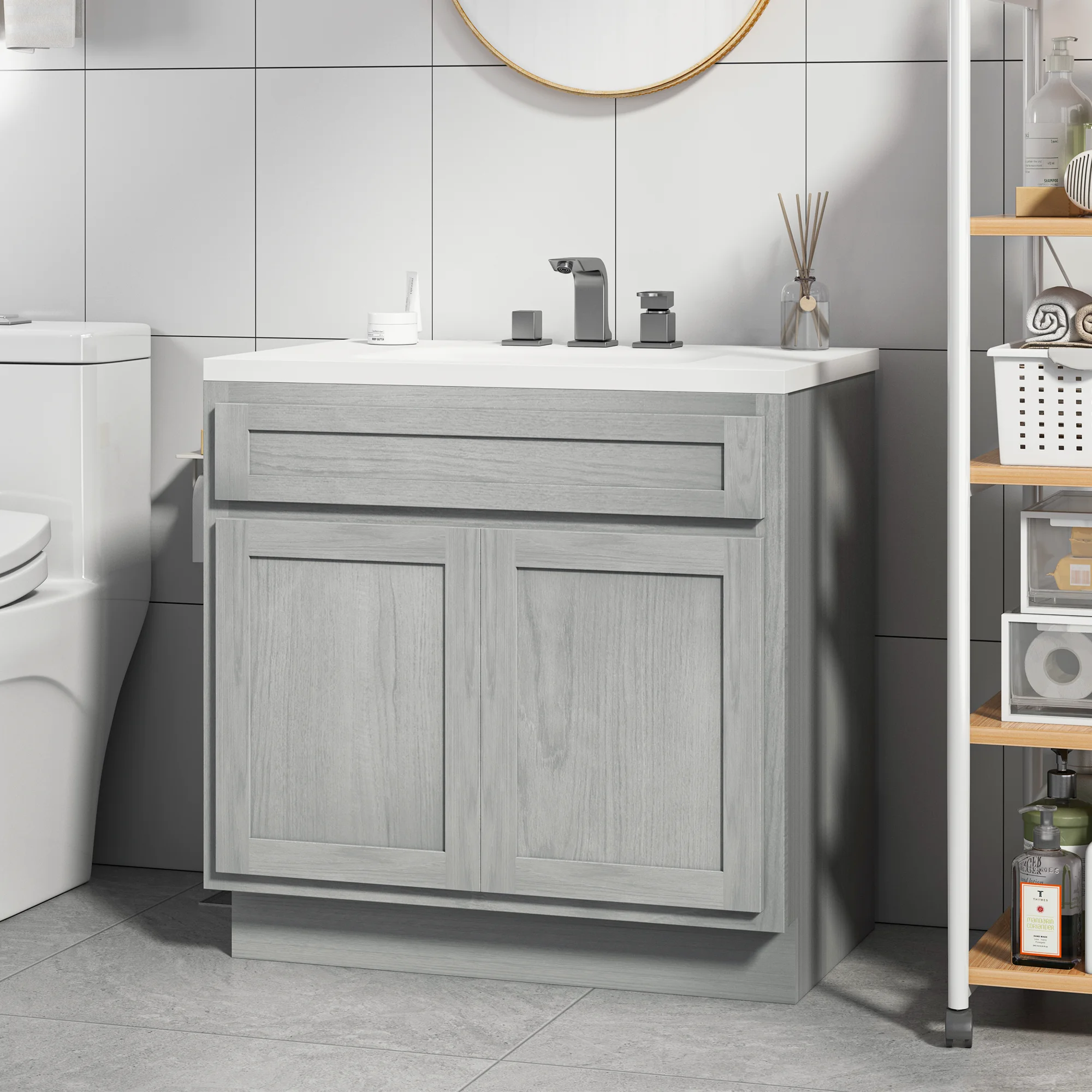 Vanity Art 30 Inch Double Shutter Door Bathroom Vanity Base Cabinet with Soft Closing Shaker Drawer