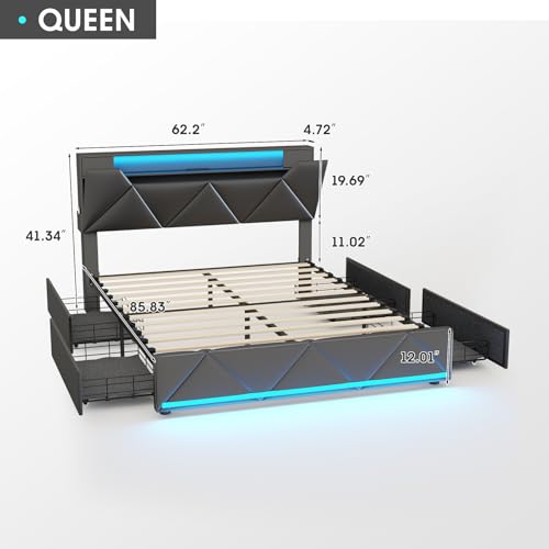 Vabches Queen Bed Frame with Storage Headboard and 4 Drawers,Upholstered Platform with Charging Station and Led Lights,Adjustable Headboard
