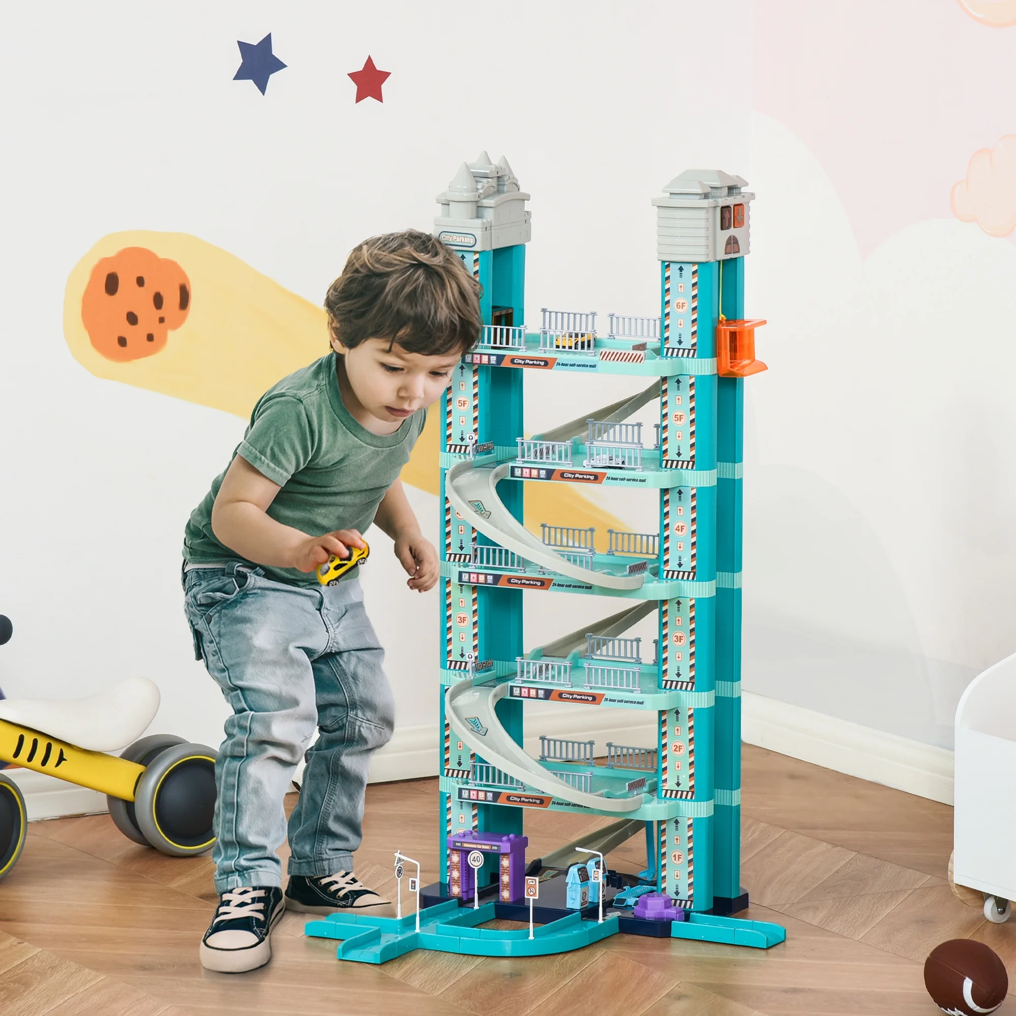 Qaba City Garage Playset with 98 Pieces Accessories Set, 6-Level Car Parking Playsets Toy with Manual and Electric Elevators Wash, Gas