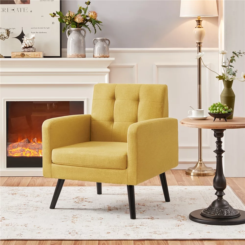 Yaheetech 2pcs Mid Century Fabric Arm Chair Tufted Accent Chair with Wooden Leg, Yellow