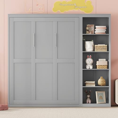 Harper & Bright Designs Full Size Murphy Bed Wall Bed with Storage Shelves, Drawers and LED Lights