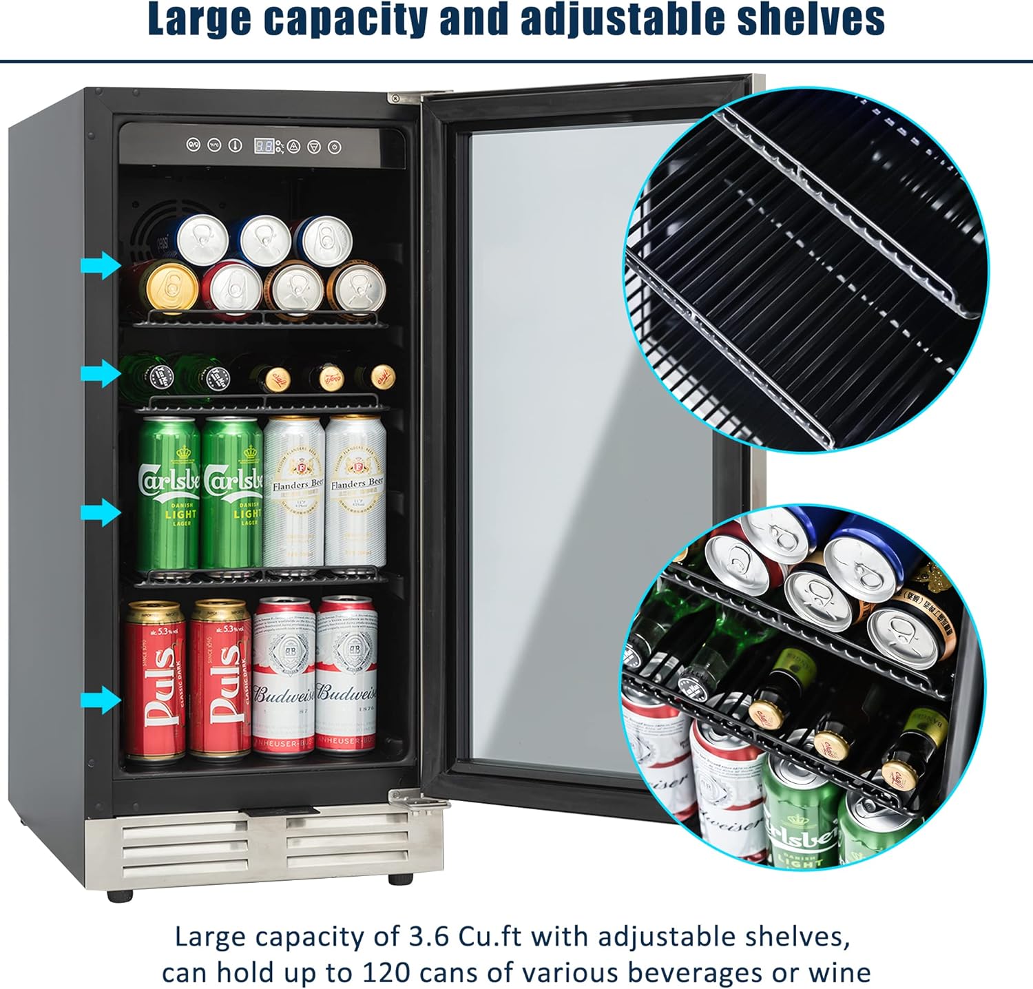 Beverage Refrigerator,120 Cans Built-in and Freestanding Mini Beverage Refrigerator Cooler with Double Glass Door,Mini Fridge with LED Lighting