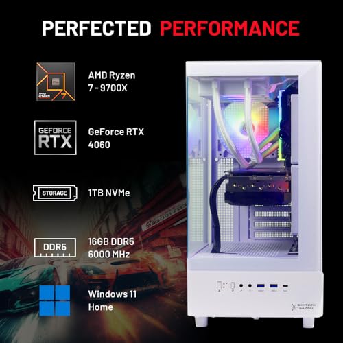 Skytech Gaming Azure 3 Desktop PC, Ryzen 7 9700X 3.8 GHz (5.5GHz), NVIDIA RTX 5060, 1TB NVMe SSD, 32GB DDR5 RAM 6000 RGB, 850W Gold ATX 3 PSU