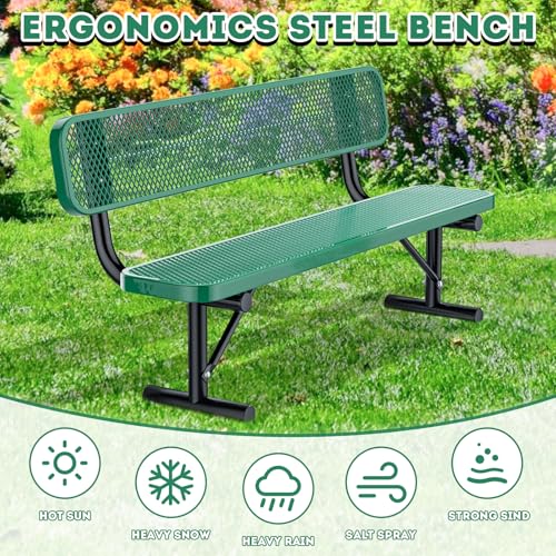 8FT Heavy Duty Park Bench with Back Portable Frame, Outdoor Metal Park Bench with Backrest, Steel Mesh Outdoor Bench for Garden, Lawn, Patio, Porch
