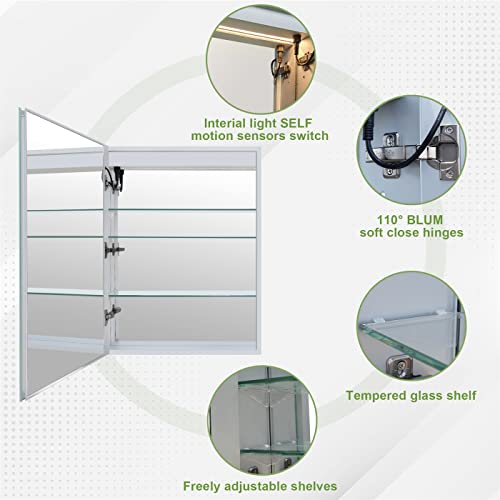 WELLFOR 30" X 30" LED Medicine Cabinet with Mirror for Bathroom, Medicine Cabinet with Lights, Bathroom Mirror with Storage, Double Opening Doors