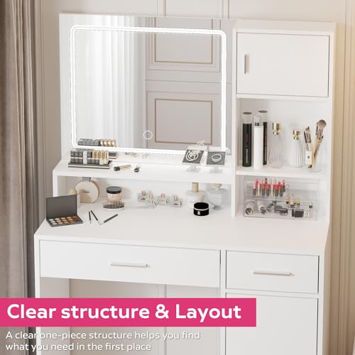 Vanity Desk with Mirror and LED Light Strip,Dressing Table with Large Drawer, 3 Level Storage Dresser & 3 Lighting Modes Adjustable Brightness